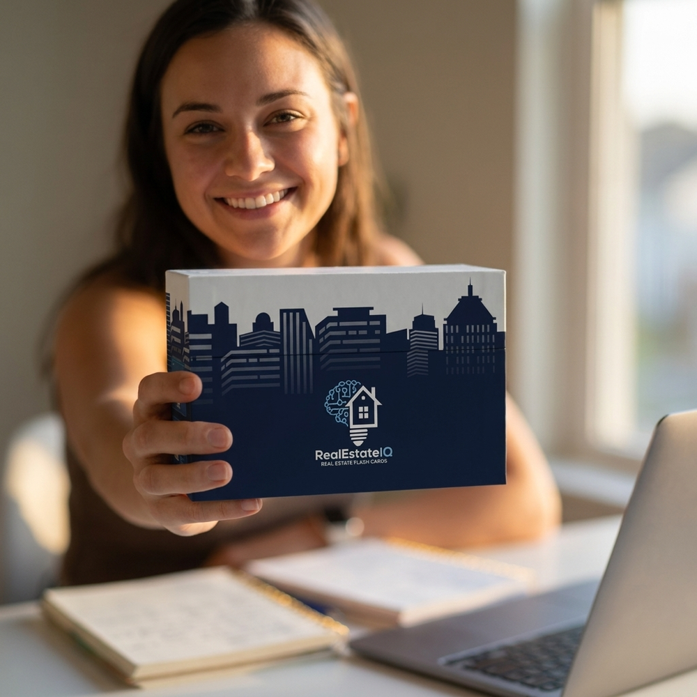 A student at her laptop holding the RealEstateIQ flashcard box